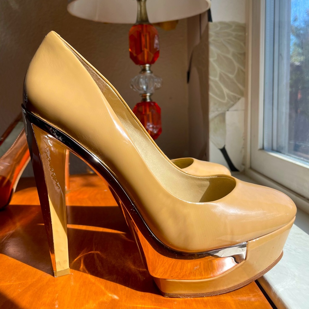 Brian Atwood nude and rose gold platforms
